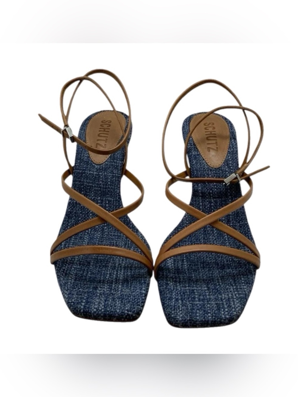 SCHUTZ Bari Strappy Sandal Blue Cognac Size 9 New In Box With Dust Bag